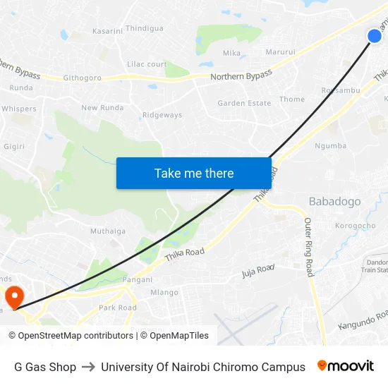 G Gas Shop to University Of Nairobi Chiromo Campus map