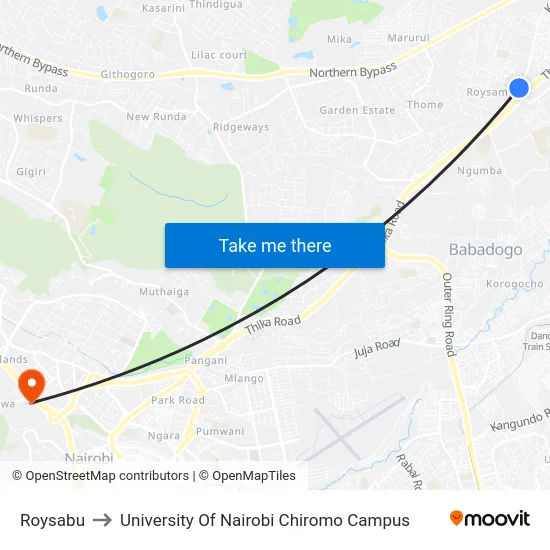Roysabu to University Of Nairobi Chiromo Campus map