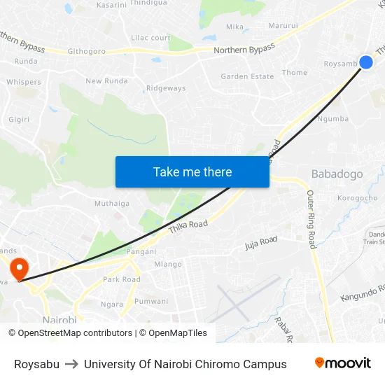 Roysabu to University Of Nairobi Chiromo Campus map