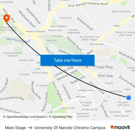 Main Stage to University Of Nairobi Chiromo Campus map