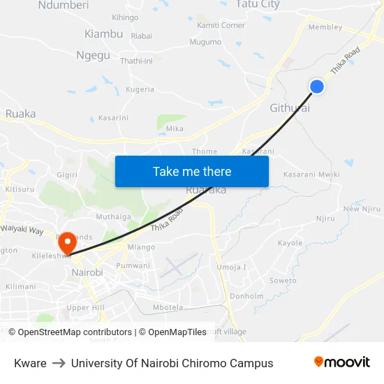 Kware to University Of Nairobi Chiromo Campus map