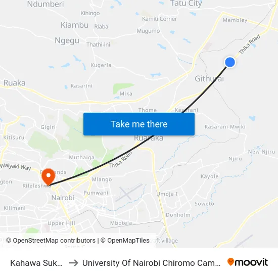 Kahawa Sukari to University Of Nairobi Chiromo Campus map