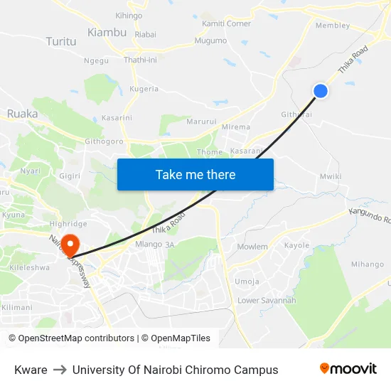 Kware to University Of Nairobi Chiromo Campus map