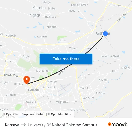 Kahawa to University Of Nairobi Chiromo Campus map