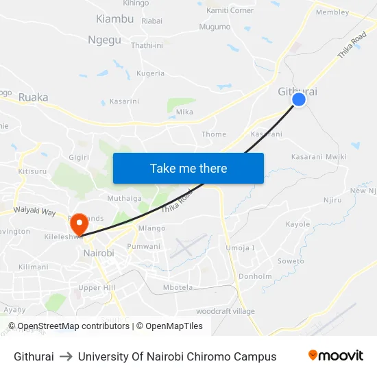 Githurai to University Of Nairobi Chiromo Campus map