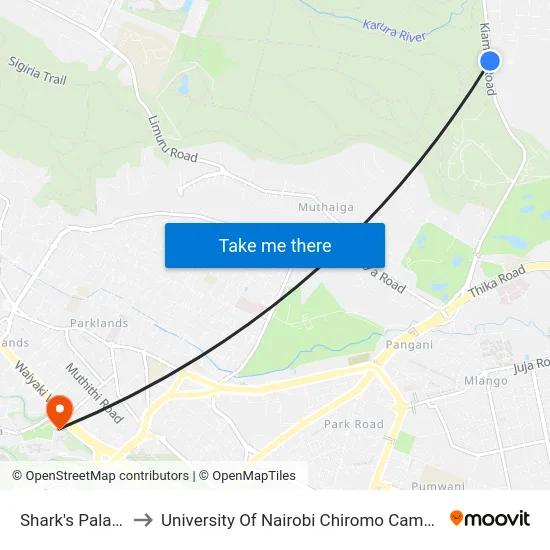 Shark's Palace to University Of Nairobi Chiromo Campus map