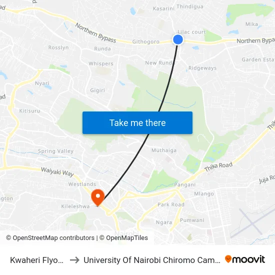 Kwaheri Flyover to University Of Nairobi Chiromo Campus map