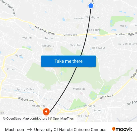 Mushroom to University Of Nairobi Chiromo Campus map