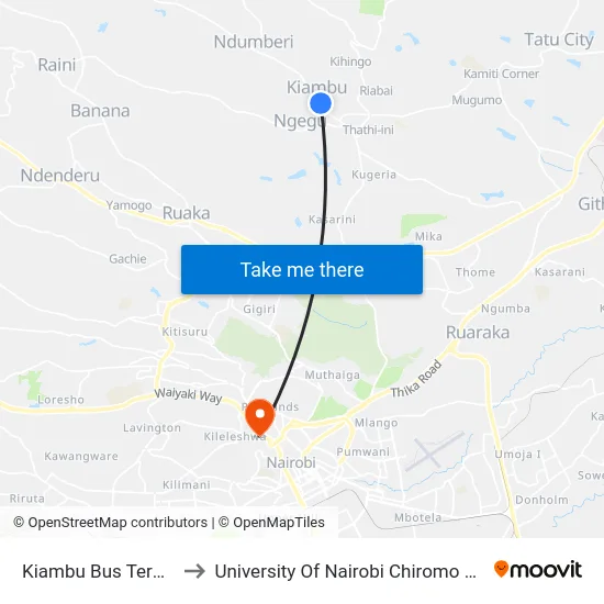 Kiambu Bus Terminus to University Of Nairobi Chiromo Campus map