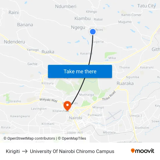 Kirigiti to University Of Nairobi Chiromo Campus map
