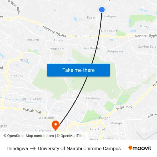 Thindigwa to University Of Nairobi Chiromo Campus map