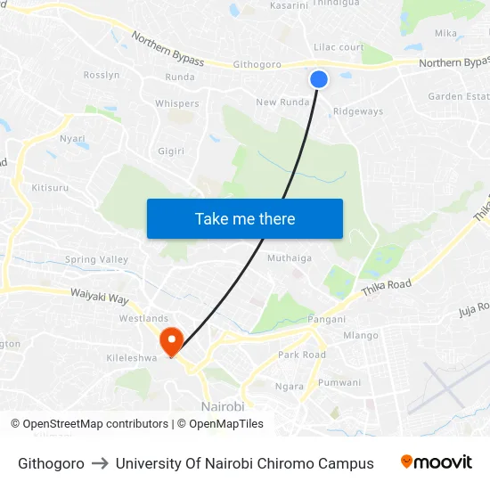 Githogoro to University Of Nairobi Chiromo Campus map