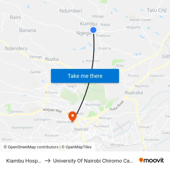 Kiambu Hospital to University Of Nairobi Chiromo Campus map