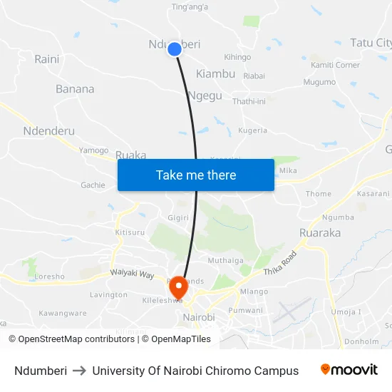 Ndumberi to University Of Nairobi Chiromo Campus map