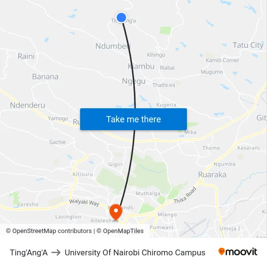 Ting'Ang'A to University Of Nairobi Chiromo Campus map