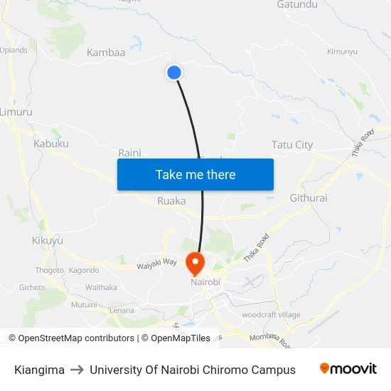 Kiangima to University Of Nairobi Chiromo Campus map