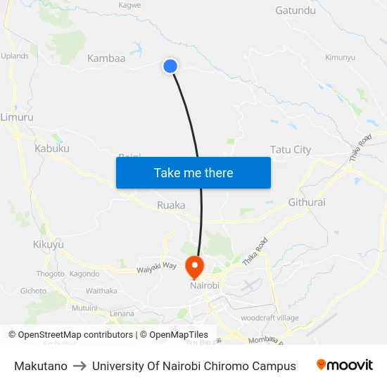 Makutano to University Of Nairobi Chiromo Campus map