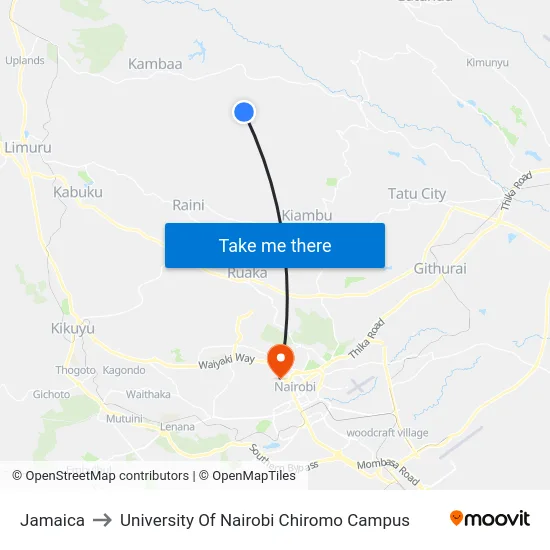 Jamaica to University Of Nairobi Chiromo Campus map