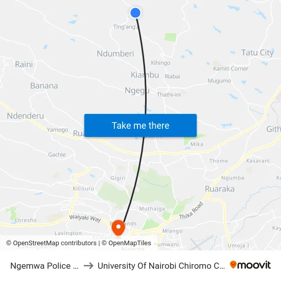 Ngemwa Police Post to University Of Nairobi Chiromo Campus map