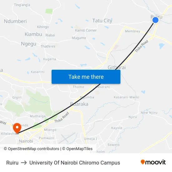 Ruiru to University Of Nairobi Chiromo Campus map