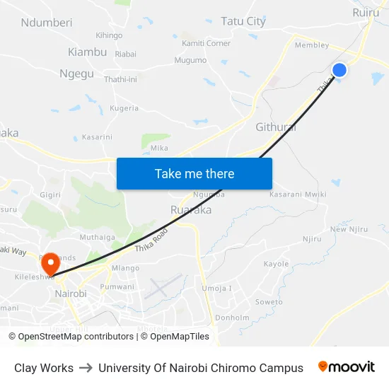 Clay Works to University Of Nairobi Chiromo Campus map