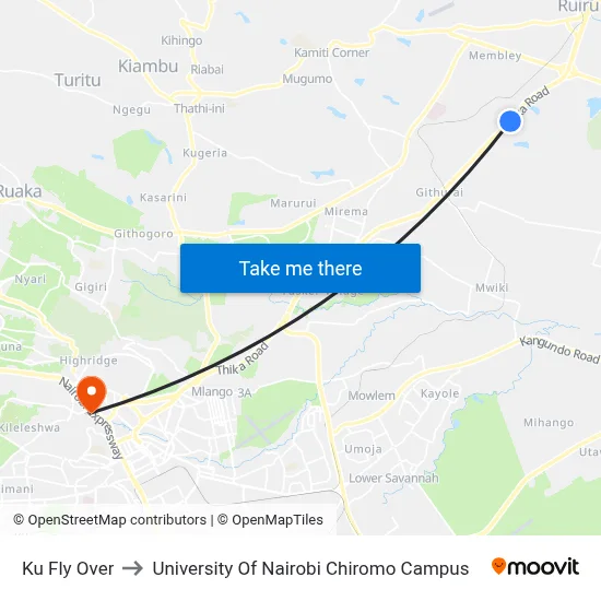 Ku Fly Over to University Of Nairobi Chiromo Campus map