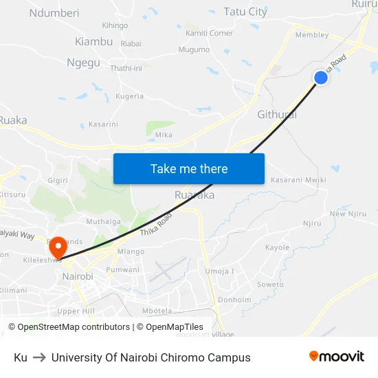 Ku to University Of Nairobi Chiromo Campus map
