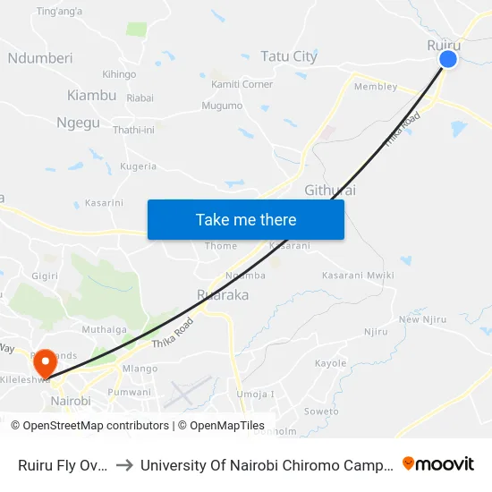 Ruiru Fly Over to University Of Nairobi Chiromo Campus map