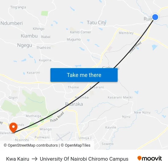 Kwa Kairu to University Of Nairobi Chiromo Campus map