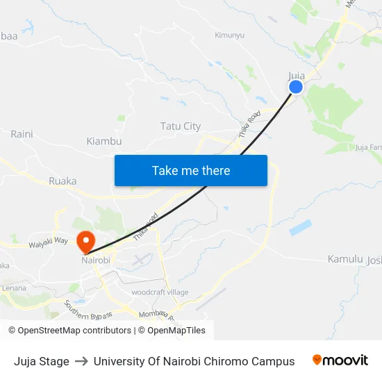Juja Stage to University Of Nairobi Chiromo Campus map
