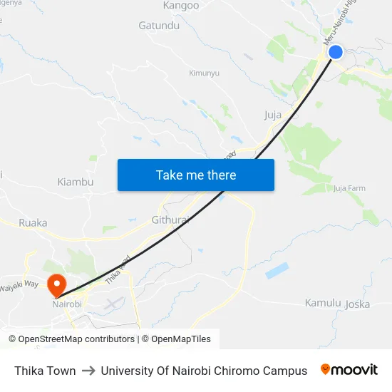 Thika Town to University Of Nairobi Chiromo Campus map