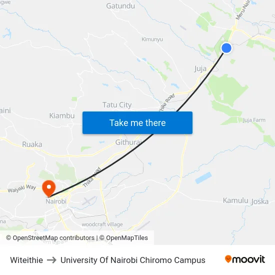 Witeithie to University Of Nairobi Chiromo Campus map
