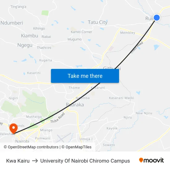 Kwa Kairu to University Of Nairobi Chiromo Campus map