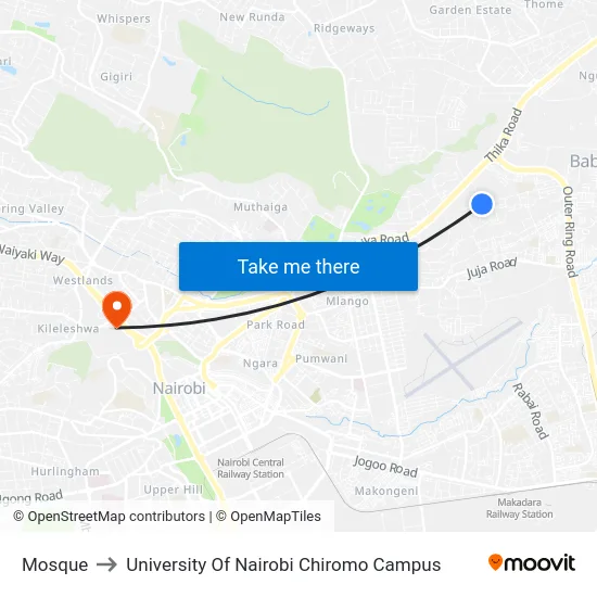 Mosque to University Of Nairobi Chiromo Campus map