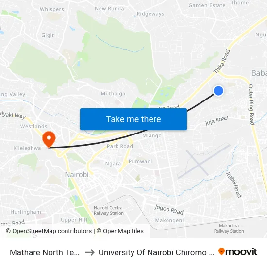 Mathare North Terminal to University Of Nairobi Chiromo Campus map