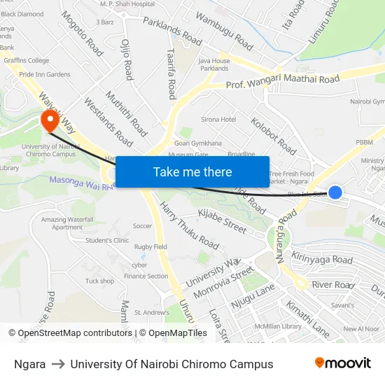 Ngara to University Of Nairobi Chiromo Campus map