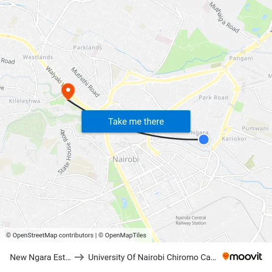 New Ngara Estate to University Of Nairobi Chiromo Campus map
