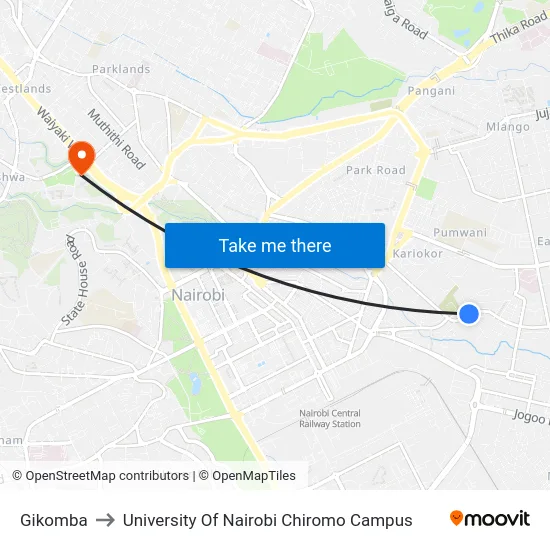 Gikomba to University Of Nairobi Chiromo Campus map