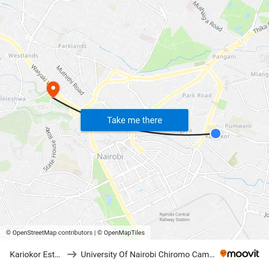 Kariokor Estate to University Of Nairobi Chiromo Campus map