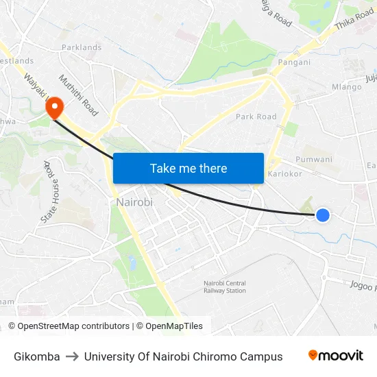 Gikomba to University Of Nairobi Chiromo Campus map