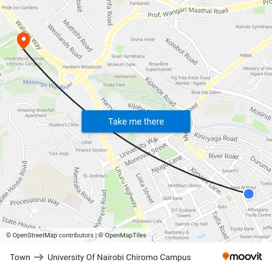 Town to University Of Nairobi Chiromo Campus map