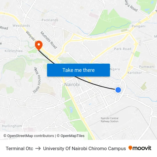 Terminal Otc to University Of Nairobi Chiromo Campus map