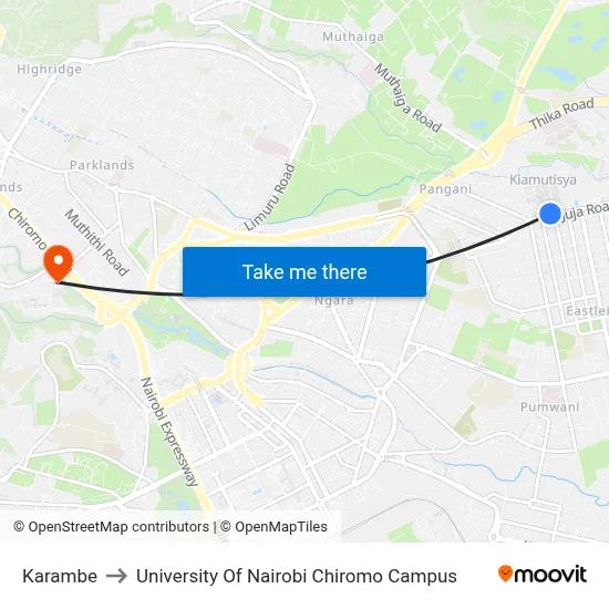 Karambe to University Of Nairobi Chiromo Campus map