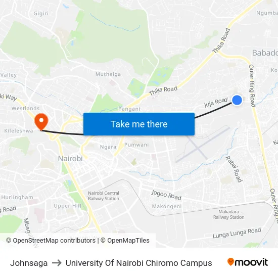 Johnsaga to University Of Nairobi Chiromo Campus map