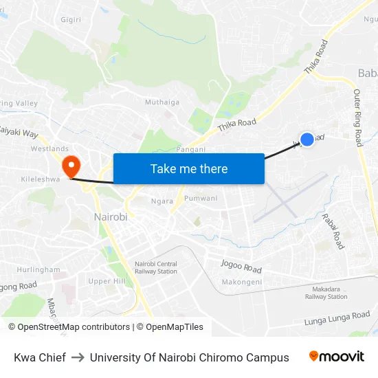 Kwa Chief to University Of Nairobi Chiromo Campus map