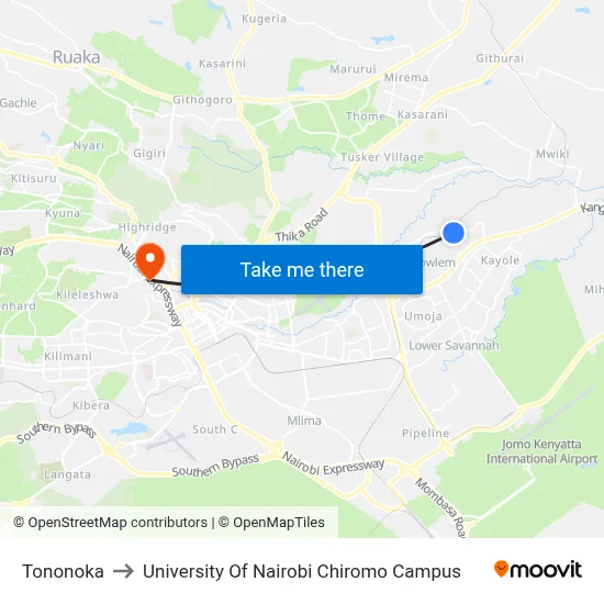 Tononoka to University Of Nairobi Chiromo Campus map