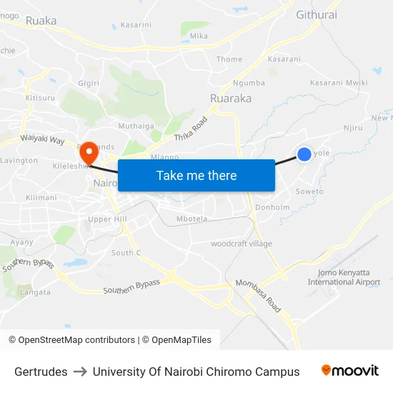 Gertrudes to University Of Nairobi Chiromo Campus map