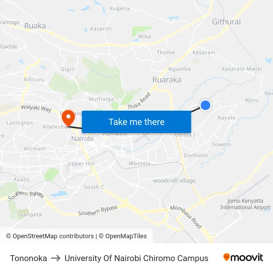 Tononoka to University Of Nairobi Chiromo Campus map