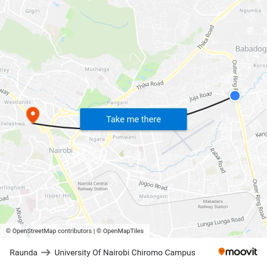 Raunda to University Of Nairobi Chiromo Campus map
