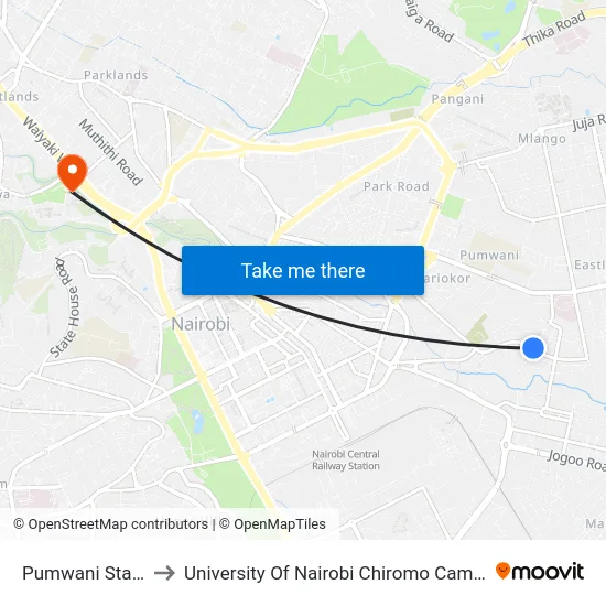 Pumwani Stage to University Of Nairobi Chiromo Campus map